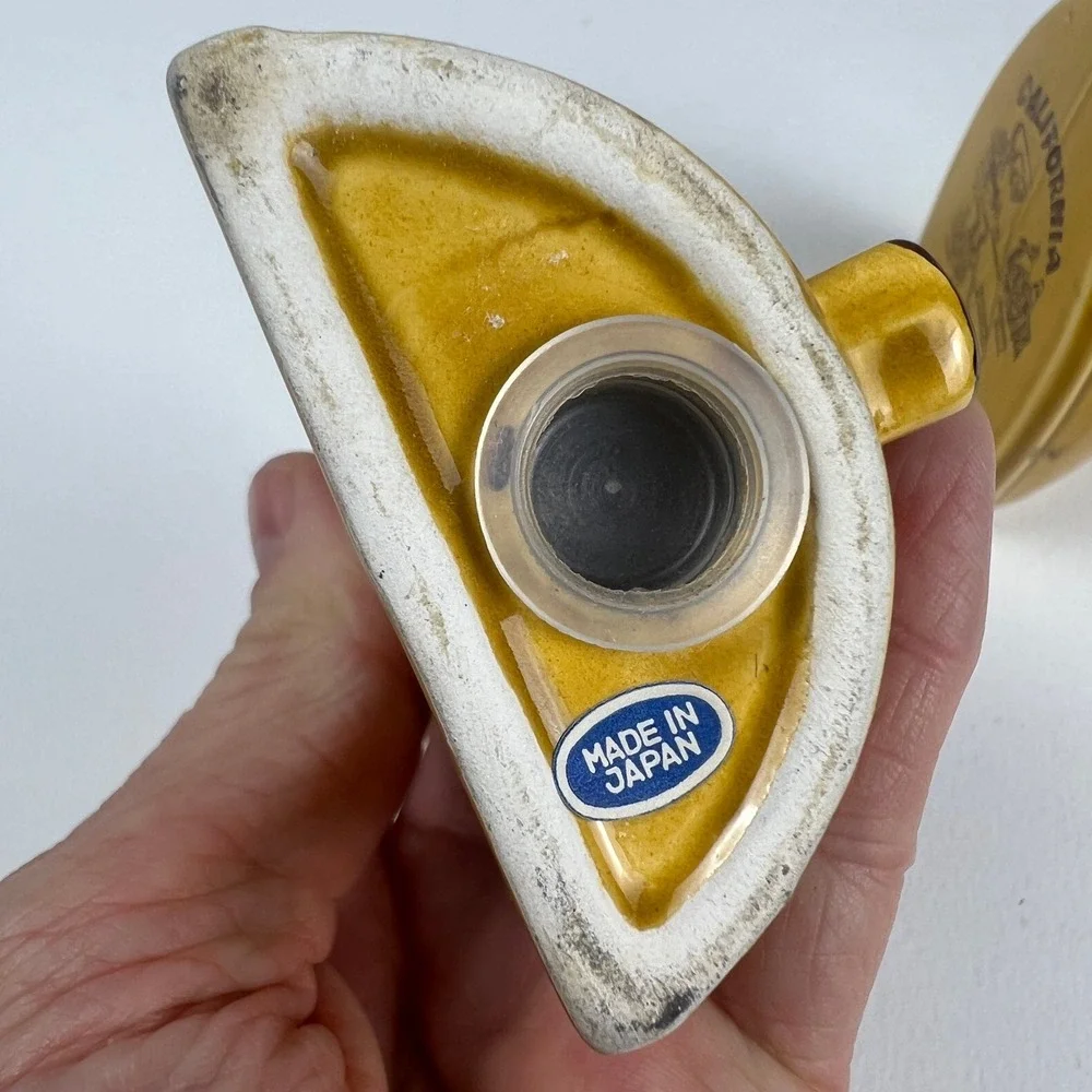 Vintage California Flat Iron Salt and Pepper Shakers Yellow Ceramic Set Souvenir